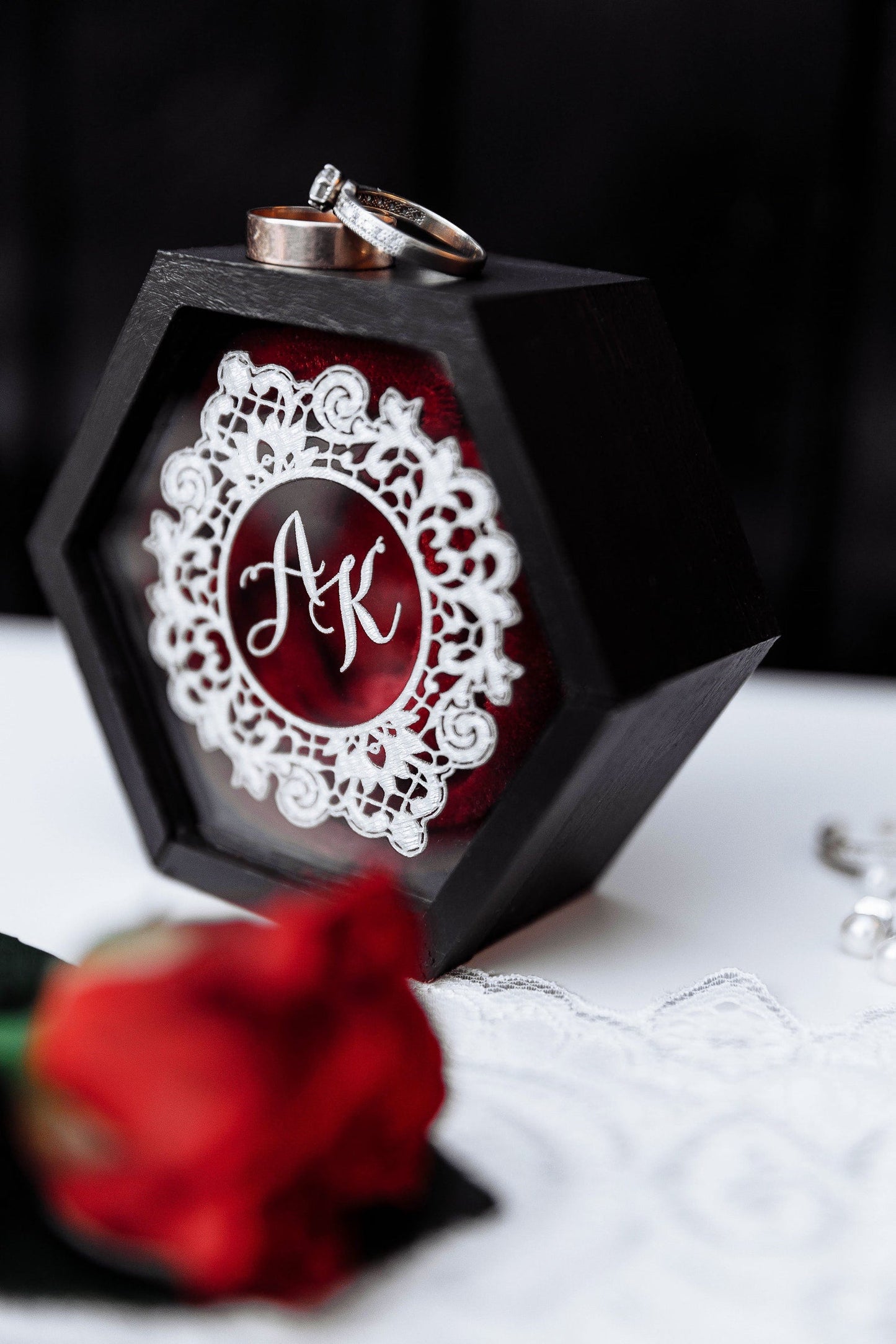 Goth ring box, Black wedding decor in gothic style, Dark ring bearer box with black velvet ∙ Hexagon BLACK