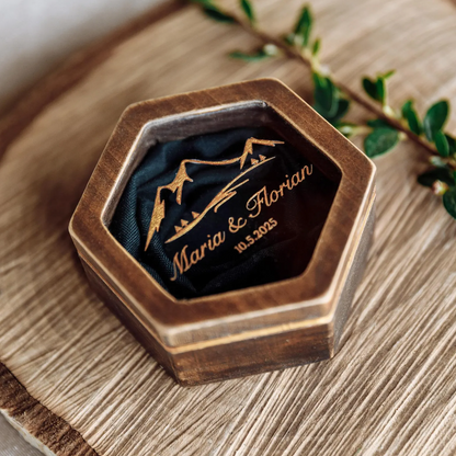 Engraved Mountain Band Holder • Unique Accessory For Wedding Ceremony ∙ Hexagon BROWN
