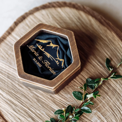 Engraved Mountain Band Holder • Unique Accessory For Wedding Ceremony ∙ Hexagon BROWN