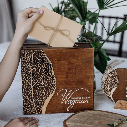 Custom Card Box: Wood Leaf Texture, Honeymoon Fund • Wedding Envelope Box ∙ FITTONIA